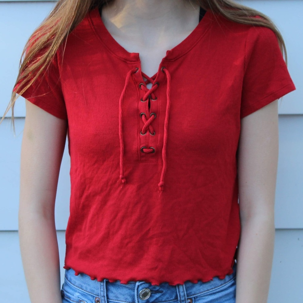 Red Tie Front Lettuce Edge Hollister Shirt